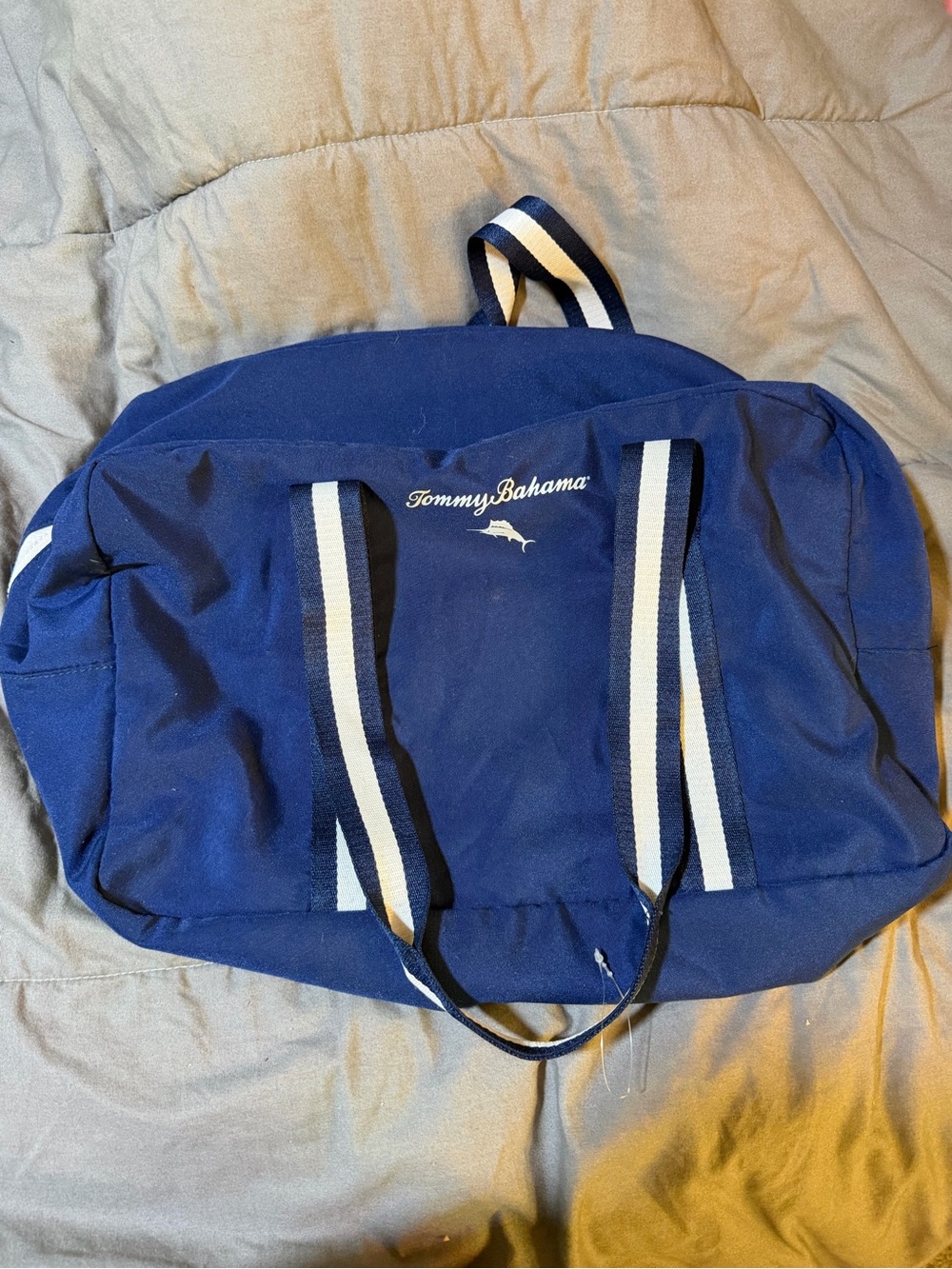 Tommy Bahama Blue Canvas Duffel with Striped Handles